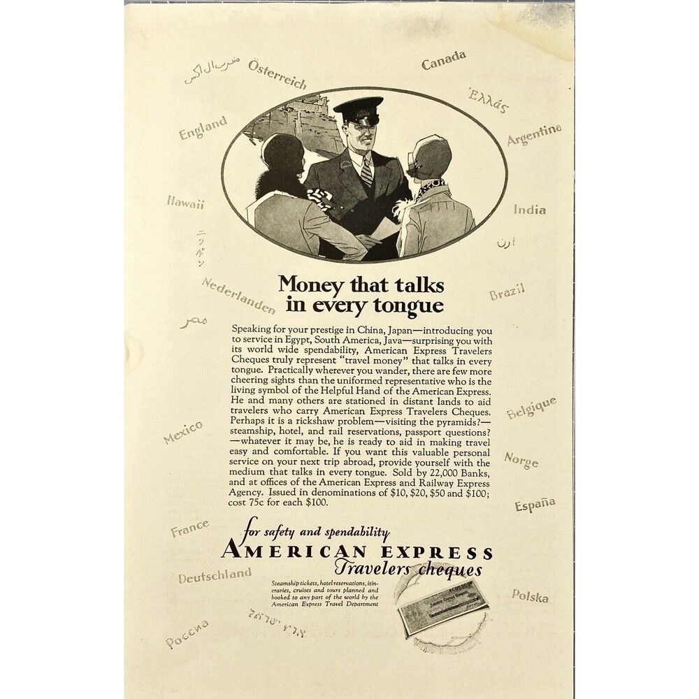American Express Travelers Checks "Money That Talks in Every Tongue" VTG Ad 1929